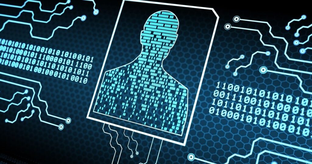 Identità digitale: sagoma umana in codice binario su sfondo tecnologico, a rappresentare SPID e CIE