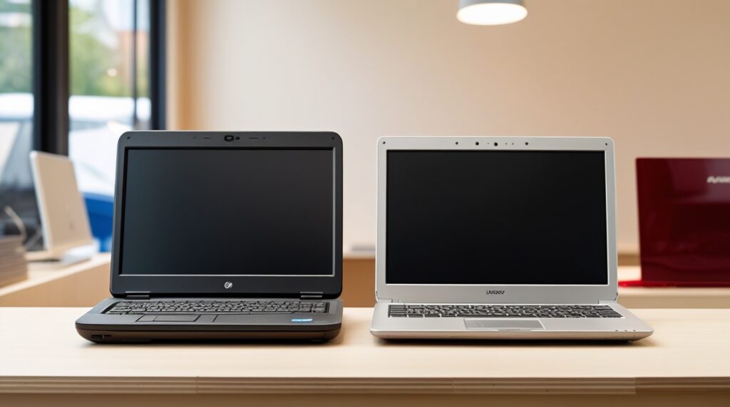 Due computer portatili sulla scrivania di un negozio, uno vecchio e uno recente, per valutare il passaggio a Windows 11