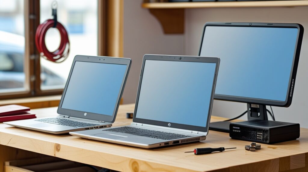 Due portatili aperti e un mini pc sotto il monitor su un banco di lavoro in legno, con luce naturale dalla finestra